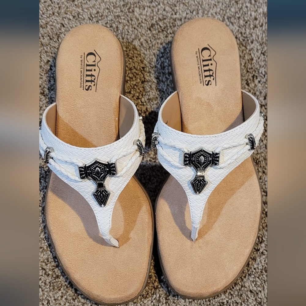 Cliffs by WHITE MOUNTAIN White Braided Thong Sandals with Silver Accents